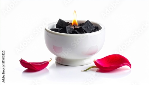 Wallpaper Mural Burning charcoal in white bowl with red petals, spa concept Torontodigital.ca