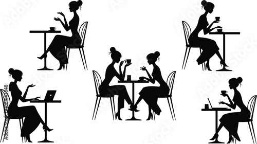 Silhouette Illustration of Women Engaging in Various Activities at a Cafe: Socializing, Working, and Relaxing flat vector illustration