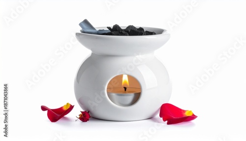 Wallpaper Mural Aroma lamp with lit candle, black stones and rose petals Torontodigital.ca