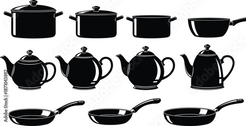 Kitchen cookware silhouette set, pots pans and teapots collection, cooking equipment icons, black and white minimal design illustration