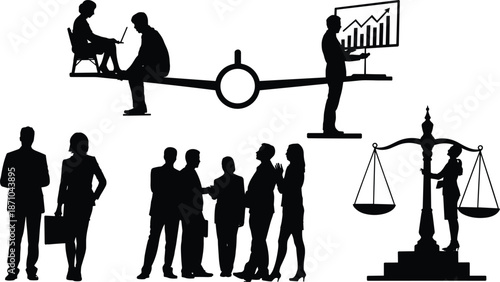 Business teamwork silhouettes, gender equality balance, office collaboration, professional communication, corporate growth, justice scale, presentation analysis, legal profession unity.
