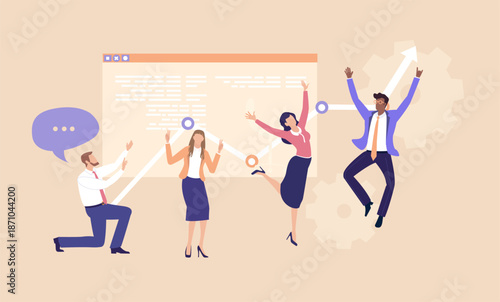 A group of business professionals jumping and dancing, engaged in celebrating success, teamwork, collaboration, networking, and knowledge exchange