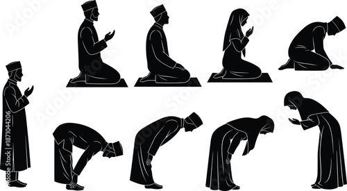 Muslim men and women performing Islamic prayer positions, Salah worship sequence, spiritual devotion, religious lifestyle, black and white silhouette illustration