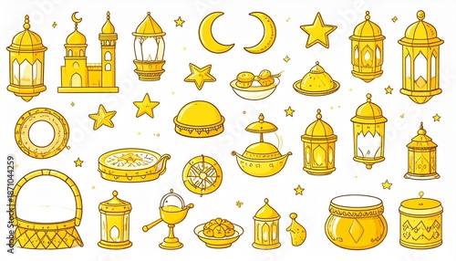 Wallpaper Mural Hand-drawn golden lanterns, moon, stars, and Eid treats illustration Torontodigital.ca