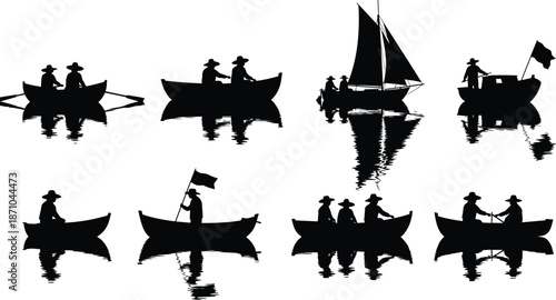 Silhouette fishermen rowing wooden boats on calm water, traditional river life, peaceful reflections, minimal black and white composition