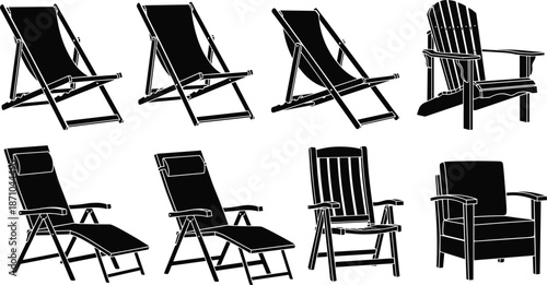 Silhouette of different chairs and loungers, outdoor and indoor seating furniture, modern comfort design, black and white minimal illustration