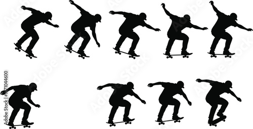 Skateboarder silhouette sequence performing jump tricks, urban street sport action, dynamic motion poses, black and white illustration set
