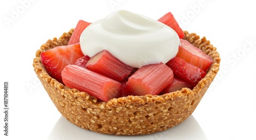 strawberry rhubarb granola cup with whipped yogurt isolated on white background for dessert themes