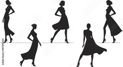 Fashion silhouette collection of elegant women in dresses and heels, perfect for style, modeling, runway, boutique, or branding visuals.

 flat vector illustration