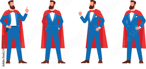 "Confident businessman in blue suit with red superhero cape, multiple poses, leadership concept, success, power, strong professional vector illustration"

flat vector illustration