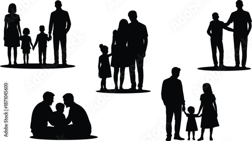 Silhouette of families, parents with children, bonding moments, walking, standing, sitting, parenting scenes on white background in vector style

 flat vector illustration