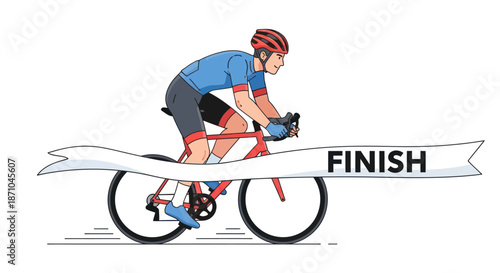 Male road cyclist in a blue and red jersey crossing the finish line banner during a race.