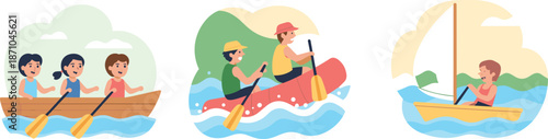 Happy children rowing boats and paddling canoes on river during summer outdoor adventure, enjoying water sports, family fun, and sunny day boating activities in nature flat vector illustration