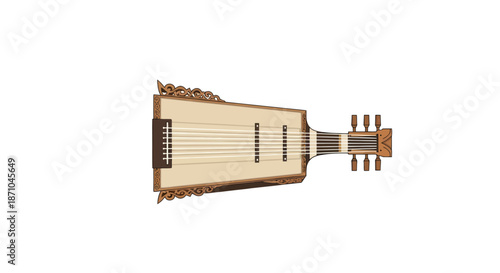Traditional Wooden Stringed Musical Instrument with Ornate Details.