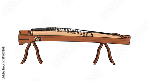 Elegant wooden Koto or Guzheng traditional stringed musical instrument on stands.