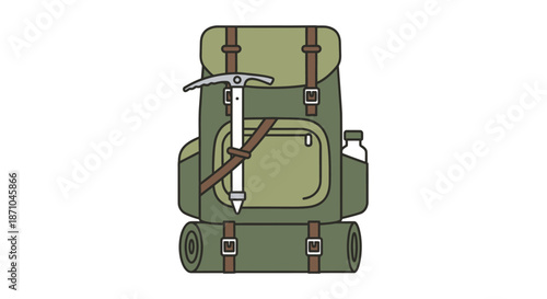 Green Hiking Backpack with Ice Axe and Water Bottle Attached.