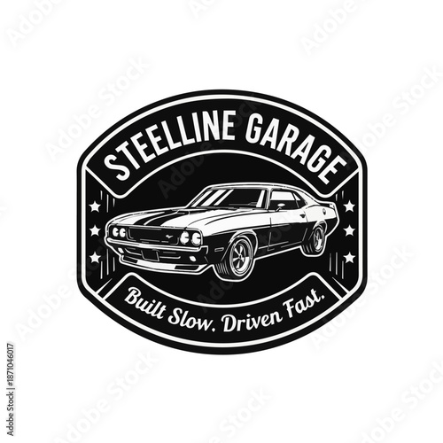Classic Muscle Car Shield Logo, Retro Automotive Emblem Ideal for Garage, Restoration Shop, Car Club Identity