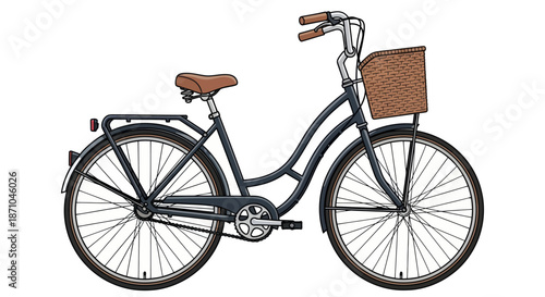 Classic black bicycle with brown leather seat and front basket.