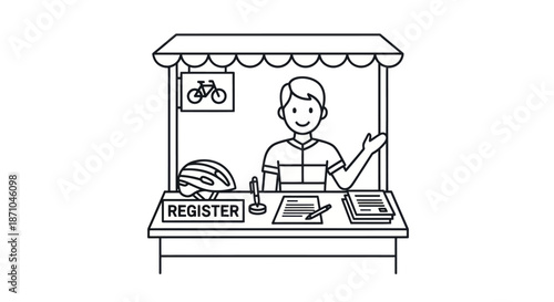 Cyclist Registration Booth: Man at Table with Bike Sign and Helmet.