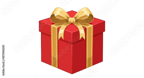 A vibrant red gift box adorned with a golden ribbon and bow.