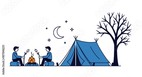 Camping Scene with Tent Campfire and Figures Under the Night Sky.
