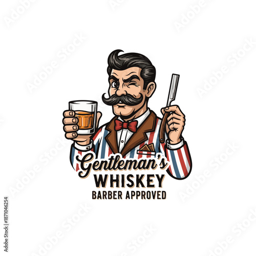 Vintage Gentleman Barber Mascot Logo with Whiskey Glass and Straight Razor, Perfect for Barbershop, Whiskey Brand, Men’s Grooming, and Retro Branding