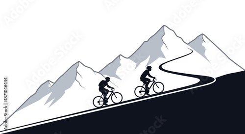 Two Cyclists Riding Up a Mountain Road Silhouette Illustration.