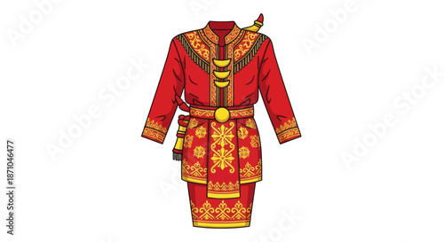 Traditional Red and Gold Indonesian Wedding Attire with Intricate Patterns.