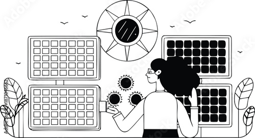 A woman holds gears near solar panels and a sun symbol in a line drawing with leaves and birds flying overhead