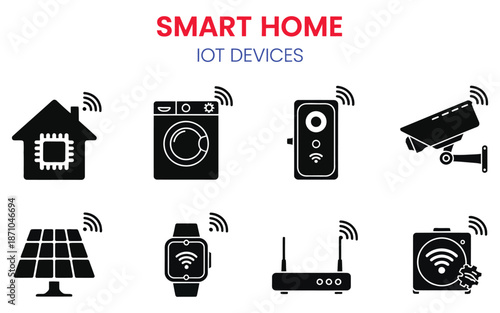 smart home and iot devices silhouette icon set vector illustration showing connected house appliances sensors security and automation technology for digital lifestyle projects