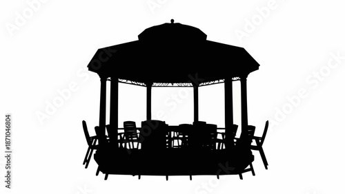 Silhouette of a garden gazebo with tables and chairs.