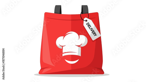 Red delivery bag with chef hat logo and tag.