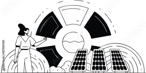 A woman interacts with a large solar panel and renewable energy concept in a modern illustration style with a black