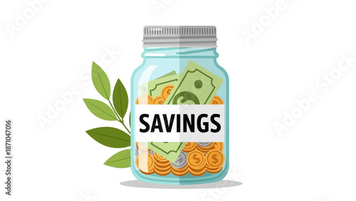 A jar filled with money labeled savings with leaves.