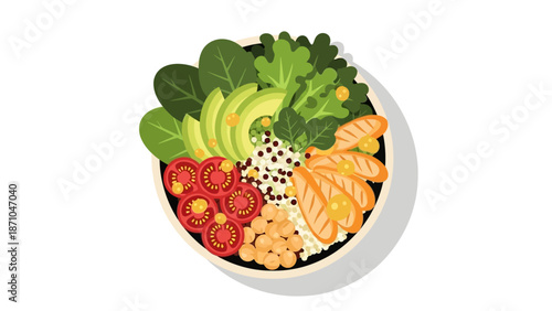 Colorful Poke Bowl with Salmon and Vegetables.