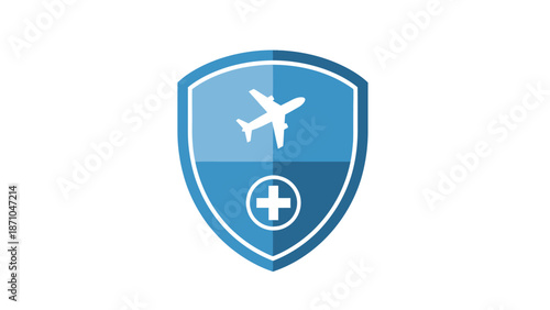 Medical travel protection shield emblem with airplane and cross.