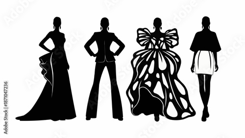 Fashionable Silhouettes of Women in Elegant Dresses and Suits.