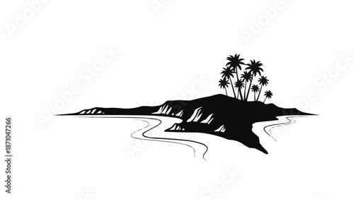 Silhouette of a tropical island with palm trees and ocean waves.