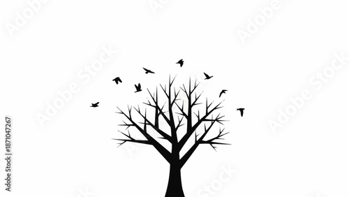 Silhouette of a bare tree with birds flying around it.