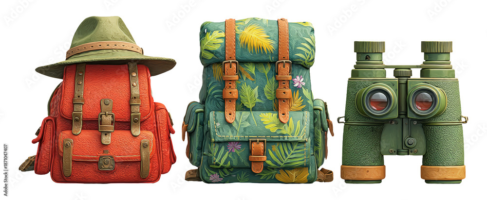 Obraz premium Vibrant Summer Jungle Vacation Gear Concept with Backpacks and Binoculars