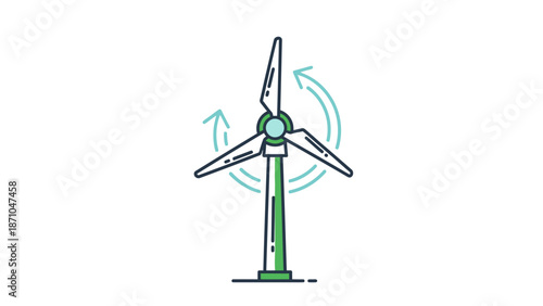 Wind turbine illustration with rotating blades and green accents.