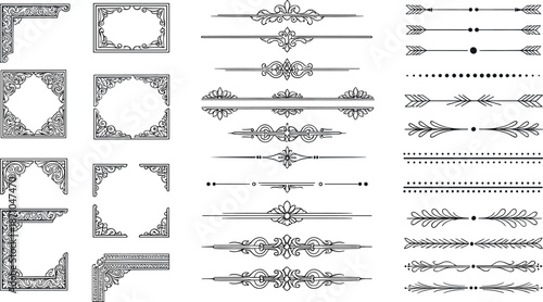 Vintage ornamental borders and dividers icons set featuring decorative frames, floral separators, classic line ornaments, and elegant retro design elements for print and graphic layouts