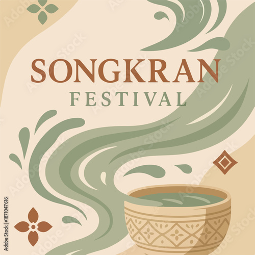 Songkran Festival Celebration with Water Splashes and Traditional Bowl