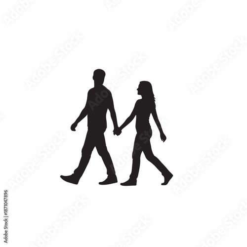 Black silhouette of couple walking hand in hand side by side