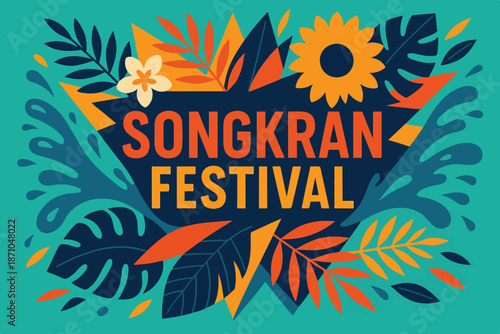 Songkran Festival Celebration with Water Splashes and Tropical Leaves