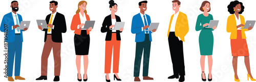 "Business professionals diverse group using tablets digital technology teamwork collaboration corporate office communication modern work concept"flat vector illustration