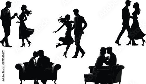 Romantic couple silhouettes, love moments, dancing and cuddling, emotional connection, intimate poses, relationship bonding, couple sitting, passion, togetherness, affection

 flat vector illustration