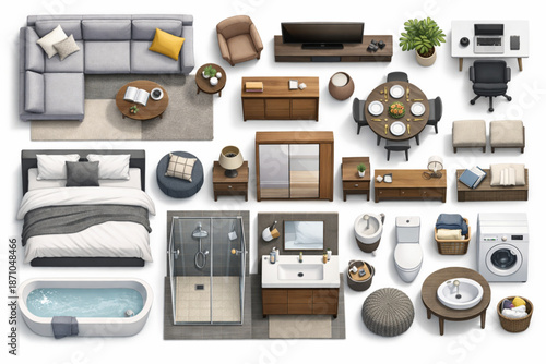 Modern Apartment Interior Elements Top View Realistic Vector Set