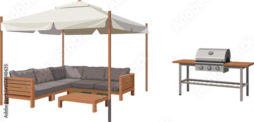 Cozy Outdoor Patio with Canopy, Modern Grill, and Stylish Seating for Relaxing Backyard Gatherings – High-Quality Adobe Stock Image flat vector illustration