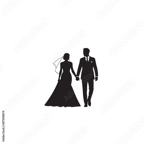 Black silhouette of bride and groom holding hands walking wedding couple